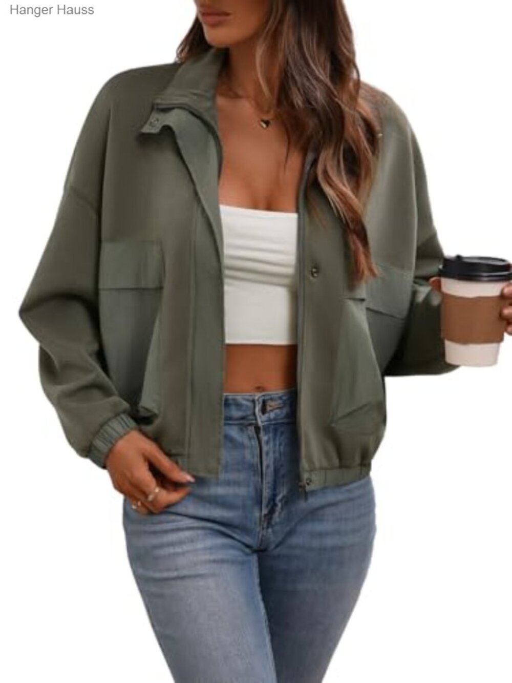 Cropped Oversized Safari Jacket Zip Up Stand Collar Utility Anorak